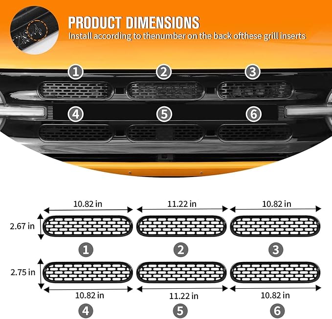 Jimen Compatible with Ford Bronco 2021-2023, 6PCS Front Grille Inserts Mesh Grill Cover Exterior Trim Accessories (Black)