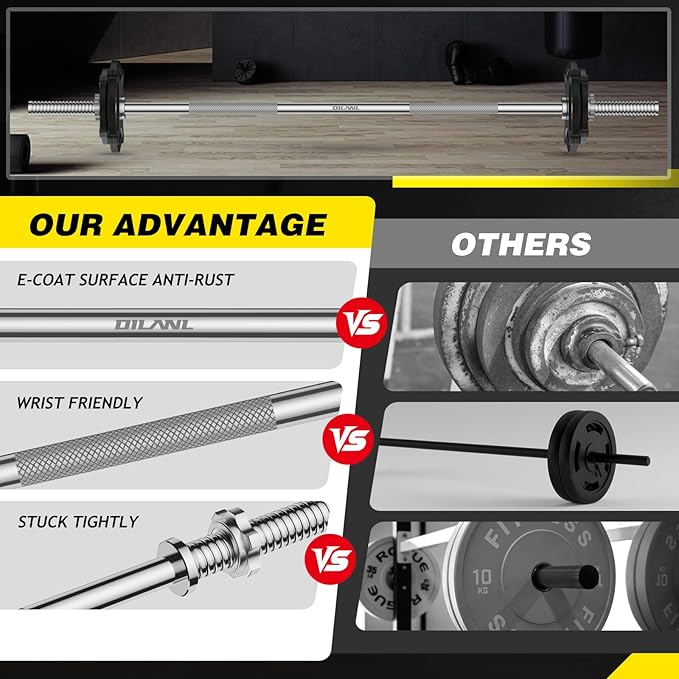 Weight Lifting Bar 57", 1" Standard Straight Barbell Bars Olympic for Home Gym Weight lifting/Strength Training/Squat/Bench Press/Deadlift/Lunges/Hip Thrusts, 2 Star Collars (480lb Weight Capacity)