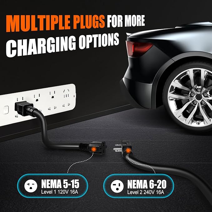 Level 1 and Level 2 EV Charger, 16 Amp 110-240V Portable SAE J1772 Electric Car Charger, Adjustable Current 8A-16A and Time Setting,17FT Level 2 EV Charger Cable NEMA 6-20 Plug (Tesla Require Adapter)