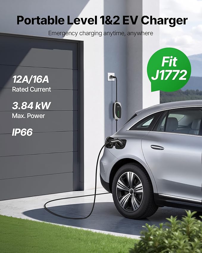 VEVOR Level 1&2 EV Charger, 16 Amp, Electric Vehicle Portable Charger with 25 ft Charging Cable, 120V-240V, NEMA 6-20P Plug NEMA 5-15 Adapter, LED Indicator, Home Car Charging Station for SAE J1772 EV