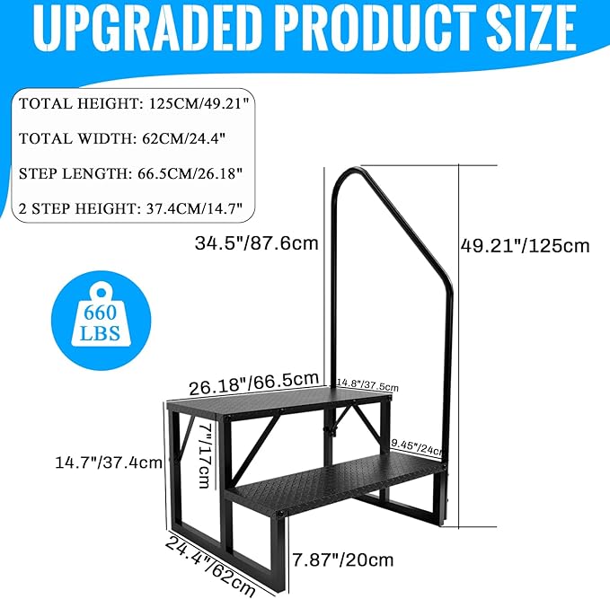 RV Steps with Handrail, 2 Steps Ladder Hot Tub Steps with Handrail, Portable Mobile Home Stairs Outdoor RV Stairs for 5th Wheel RVs