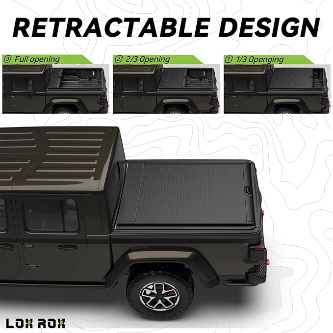 LOR ROX Retractable Hard Truck Bed Tonneau Cover for 2019-2023 Jeep Gladiato 5' Ft Bed (60.3") | Easy to Install | No Drilling Required Install | Enhanced Security & Sleek Design | Aluminum