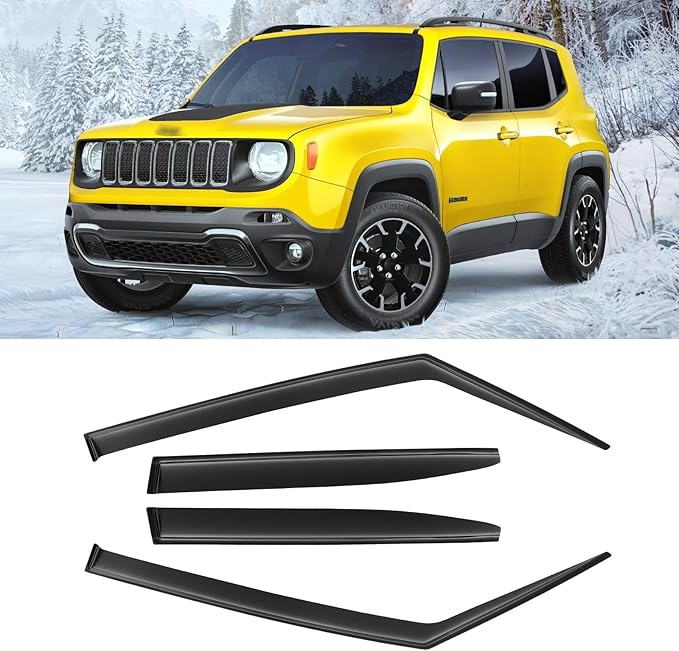 Window Rain Guards for 2015-2024 Jeep Renegade, Window Visor Guard Vent Wind Shade Deflector Rain Shield Protector Sun Visor for 15-24 Renegade 2023 2022 2021, Tape-on/Outside-Mount, 4 Pieces