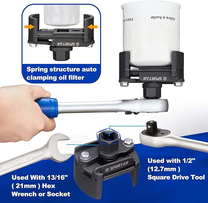 Spurtar Adjustable Oil Filter Wrench 2-3/8 to 3-1/8 inch 60-80mm Universal Oil Filter Removal Tool 1/2'' Drive Cap Style Oil Filter Tool Fits Small Medium-sized Spin-on Oil Filters UTV JetSkis