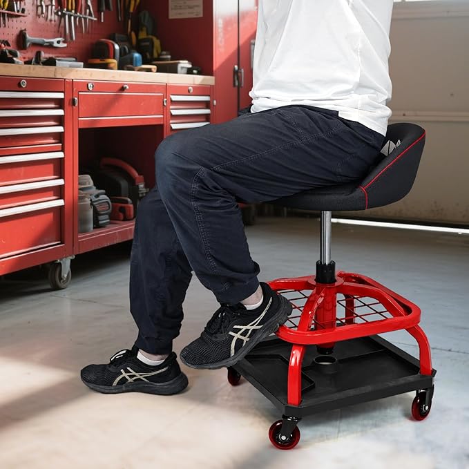 Rolling Stool with Red Wheels, Heavy Duty Garage Work Mechanic Rolling Shop Stool with Backrest, Adjustable Height 360°Swivel Roller Mechanic Chair with 2 Tool Trays, 330 LBS Capacity