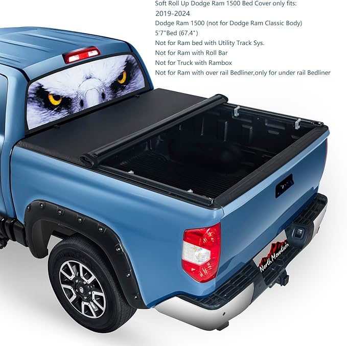 North Mountain 5.7ft Soft Roll Up Truck Tonneau Cover fits 2019-2025 Dodge Ram 1500 New Body 5.7ft Fleet/Styleside Bed(67.4"), not fit Classic Body Style, Rambox & Multi-Function Tailgate