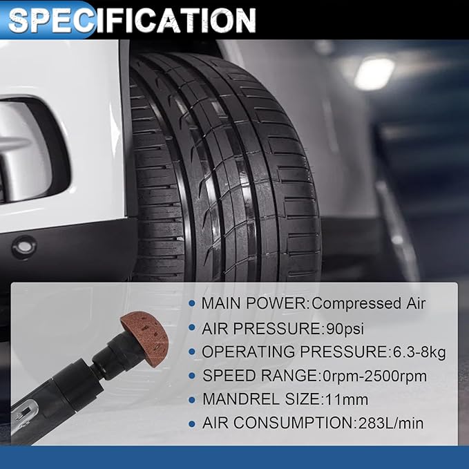 Air Tire Repair Polish Patch Kit Heavy Duty - Includes 2500RPM Air Tire Buffer, Tire Inner Liner Scraper, 4 Tungsten Steel Buffing Wheel, Patch Roller, & Wire Brush - Professional Tire Patch Tools