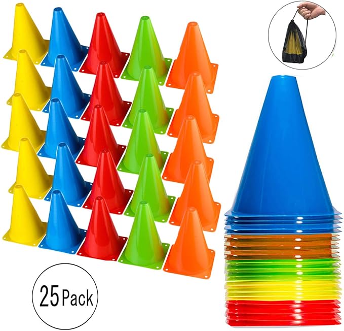 BiAnYC 7 Inch Plastic Sport Training Traffic Cones- Set of 10 Pcs/25 Pcs, 5 Colors(Orange/Yellow/Red/Blue/Green)