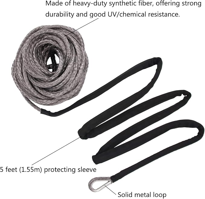 Ucreative 1/4 Inch x 50 Feet 10,000LBs Synthetic Winch Line Cable Rope with Black Protecing Sleeve for ATV UTV (Gray)