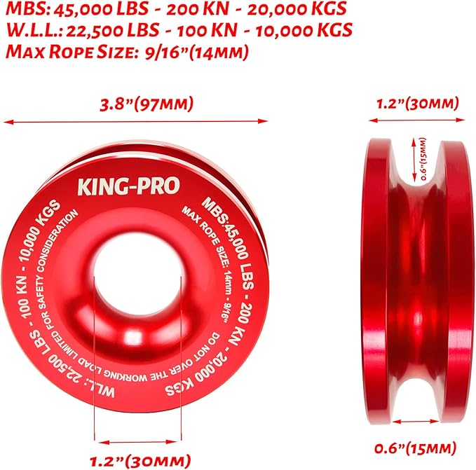 KING-PRO Snatch Recovery Ring, 45000 lbs Winch Snatch Block Pulley Towing Ring, for ATV UTV SUV Truck Off-Road Vehicle Towing Soft Shackle Recovery（Red）
