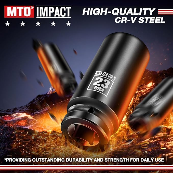 MTO 1/2" Drive 23mm Deep Impact Socket, 6-Point Metric Socket for Automotive Maintaince, CR-V Steel Meets ANSI Standards