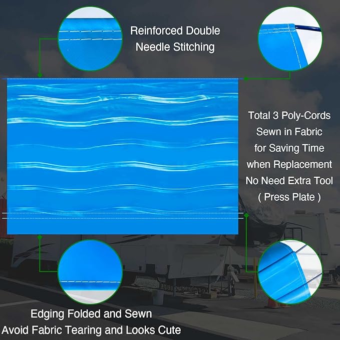 Leaveshade RV Awning Fabric Replacement Camper Trailer Awning Fabric Super Heavy Vinyl Coated Polyester 12'3''(Fit for 13' Awning)- Blue Wave