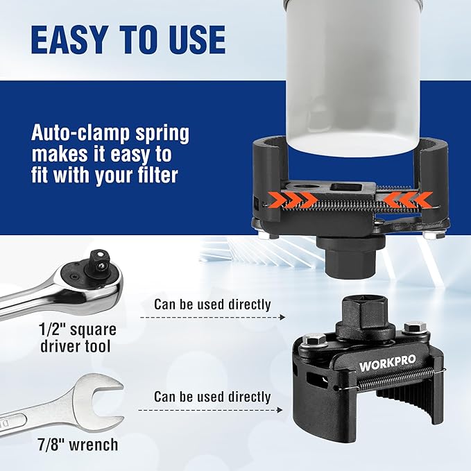 WORKPRO Universal Oil Filter Wrench Adjustable with Auto-Clamp Spring, Oil Filter Removal Tool, Oil Filter Change Set, Ideal for Engine Filters, Conduit, & Fittings