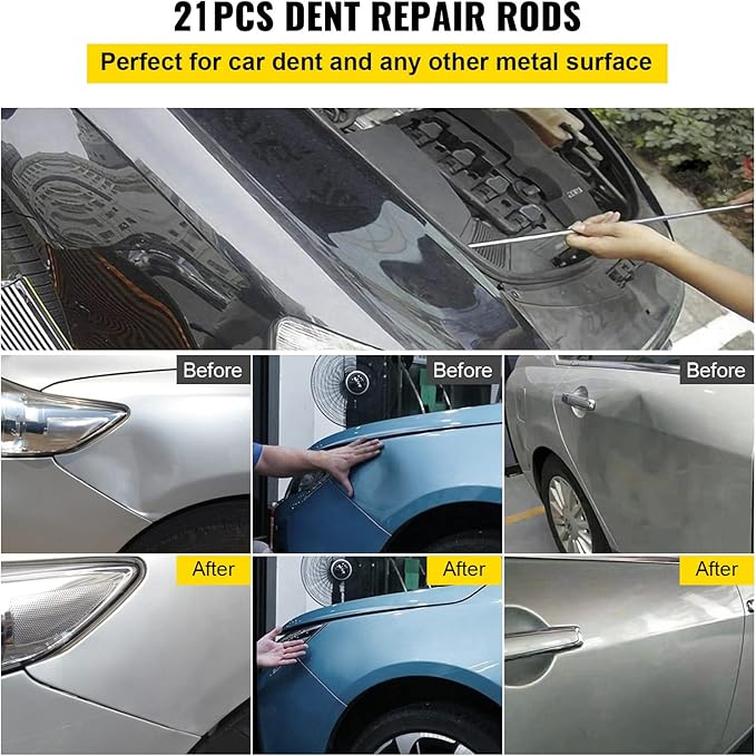 VEVOR Rods Dent Removal Kit, 21 Pcs Paintless Dent Repair Rods, Stainless Steel Dent Rods, Whale Tail Dent Repair Tools, Professional Hail Dent Removal Tool For Minor Dents, Door Dings And Hail Damage