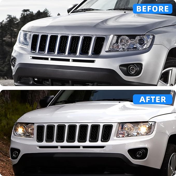 JINCHEN 7pcs Grill Mesh Inserts Clip-on Compatible with Jeep Compass 2011-2016, Front Grill Inserts Grille Cover Frame Trims (Bright black)