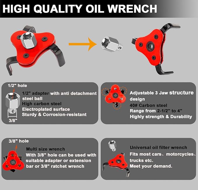 6Pcs Oil Filter Pliers Set, Universal Oil Filter Wrench with Oil Funnel, 10" & 12" & 14" & 16" Premium Oil Filter Removal Tool From 1-1/4" to 8-1/2"