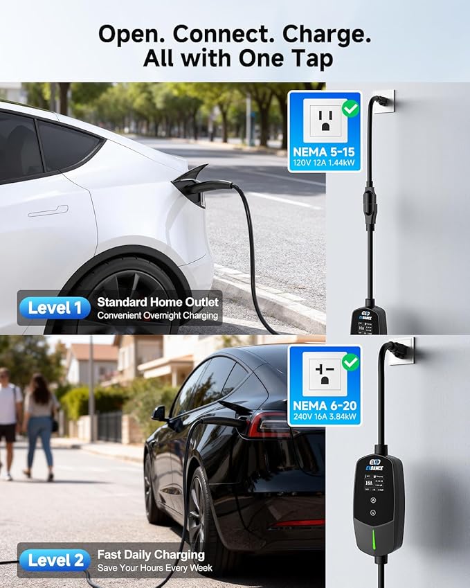Level 1 & 2 EV Charger for Tesla 16A, Portable Electric Vehicle Charger with 25FT Cable, Adjustable Current & Timer Delay, NACS Connector Compatible with All Tesla Models S/3/X/Y/Cybertruck