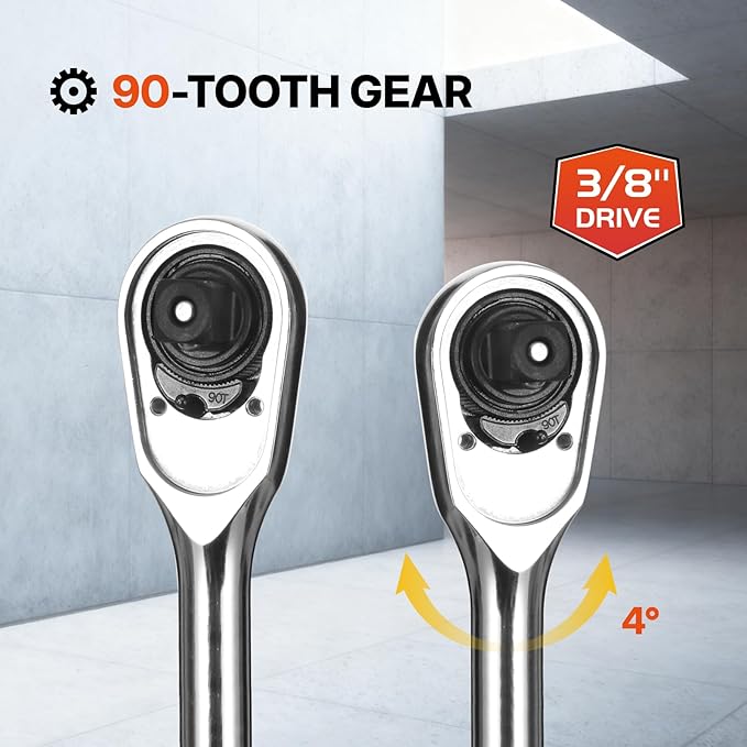 NORTHSKY 3/8 Inch Drive Ratchet, 90-Tooth Quick-release 3/8 ratchet, Reversible Ratchet Wrench with 4-Degree Swing, 8" Long Handle, Chrome Alloy Made, Full Polished,Ratchet Wrench for Repairing,Home