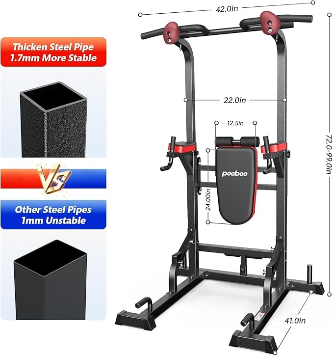 Power Tower Dip Station Pull Up Bar for Fitness Home Gym Workout,Multi-Function Adjustable Height Fitness Strength Training Exercise Equipment,with Power Elastic Ropes (Red Black)