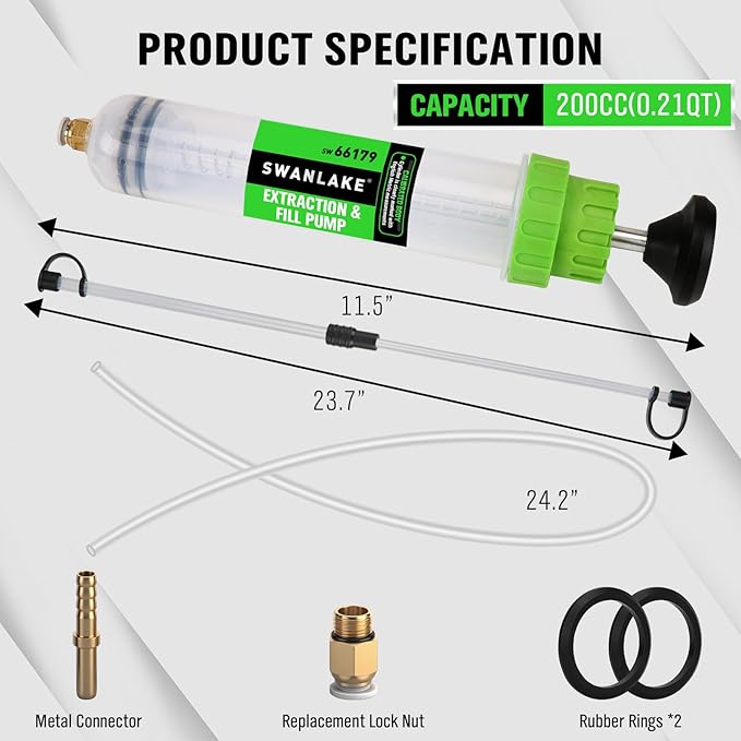 SWANLAKE 200cc Fluid Extractor & Fill Pump, Automotive Fluid Pump Extractor, Oil Change Pumps with 23'' Long Hose, 2PCS 12'' Extension Tubes, Suction Pumps for Lawn Mowers Cars