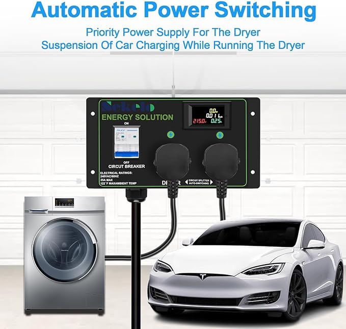 Smart EV Charging Integration: Sekelo Automatic Power Switch for Dryer & EV, NEMA 14-30, 240V, 24A 5.76kW Max Power Splitter, Fast Charging, Real-time Display