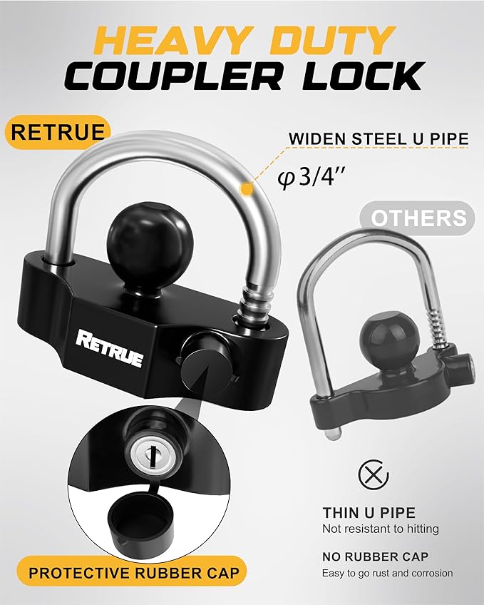 RETRUE Keyed Alike Heavy Duty Coupler Lock Set Trailer Lock Kit Include Universal Coupler Lock & Trailer Tongue Coupler Lock All Black Set