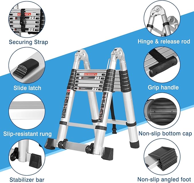 12.5 FT A Frame Telescoping Ladder, Extension Multi-Purpose w/Balance Bar & Wheels, Ladder A Frame, Heavy Duty 330 lbs Max Capacity, Ideal for Home and Outdoor Work, Silver
