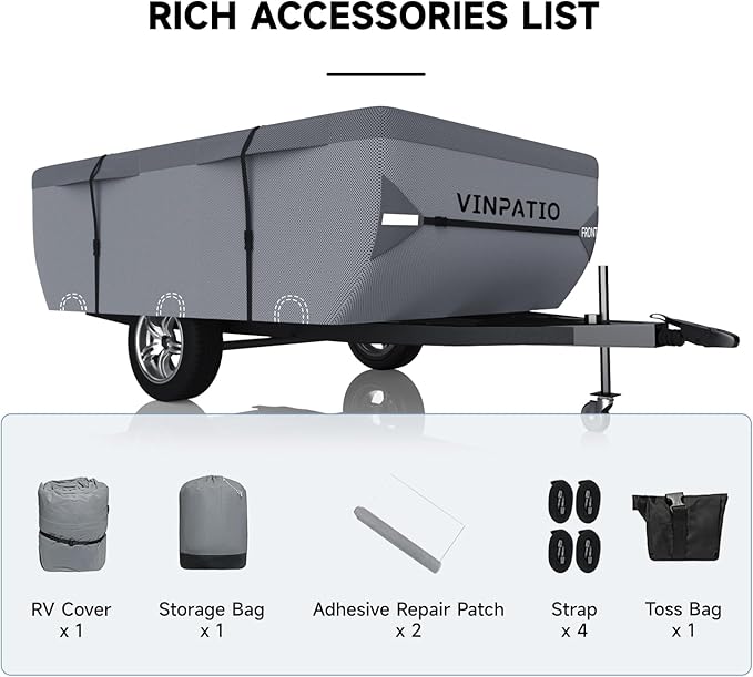 VINPATIO Pop Up Camper Cover - Grey, Folding Camper Tent Trailer Cover for 8'-10' Trailers, Waterproof & Anti-UV with Windproof Straps