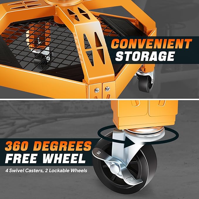 DNA Motoring Rolling Padded Seat Adjustable Height Seat 330lbs Capacity Rolling Mechanic Creeper Stool, W/Tool Storage Drawer & Tray, Black/Yellow,TOOLS-00599