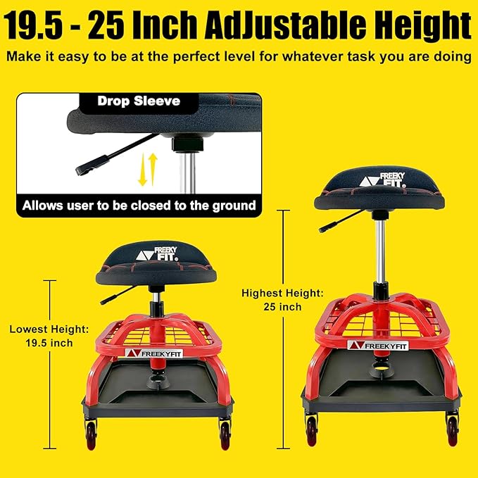 Rolling Stool with Red Wheels, Heavy Duty Garage Work Mechanic Rolling Shop Stool with Backrest, Adjustable Height 360°Swivel Roller Mechanic Chair with 2 Tool Trays, 330 LBS Capacity