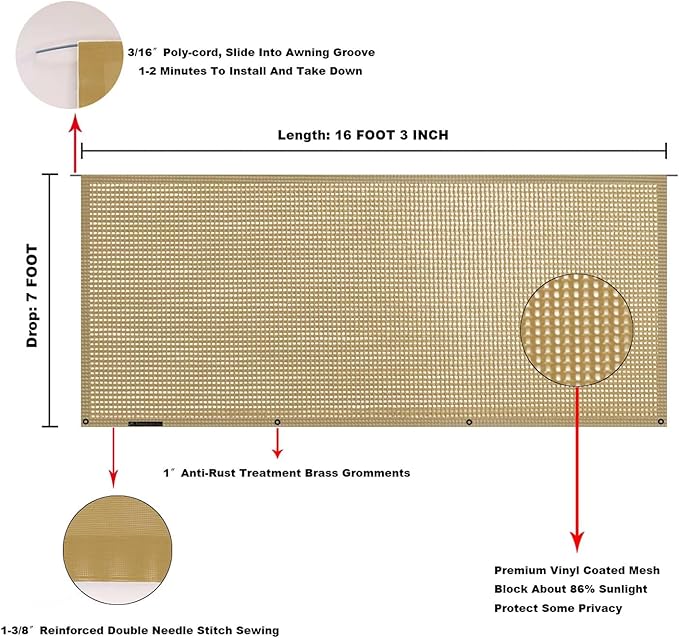 Tentproinc RV Awning Sun Shade Screen 7' X 16' 3'' (Fit for 17' Awning) Mesh Sunshade for RV Awning Sunscreen Block UV Glare Motorhome Camping Trailer Awning Screenshade - 3 Year Warranty (Beige)