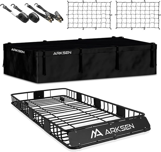 ARKSEN 84 x 39 x 6 Inch Heavy Duty 150LB Roof Rack Cargo Carrier with 500D Waterproof Cargo Bag, 2 Cargo Nets & 2 Ratchet Straps, Top Luggage Holder Basket for SUV, Truck, & Car Steel Construction