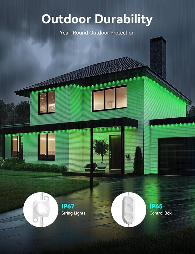 150FT Permanent Outdoor Christmas Lights for House, APP & Remote Control RGB LED Strip, IP67 Waterproof Eave Lights with DIY Colors for Halloween, Garden, Patio Decor
