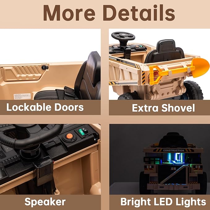 12V Ride On Construction Truck, Battery Powered Ride On Car with Remote Control, Kids Electric Vehicle with Shovel, Speaker, Khaki