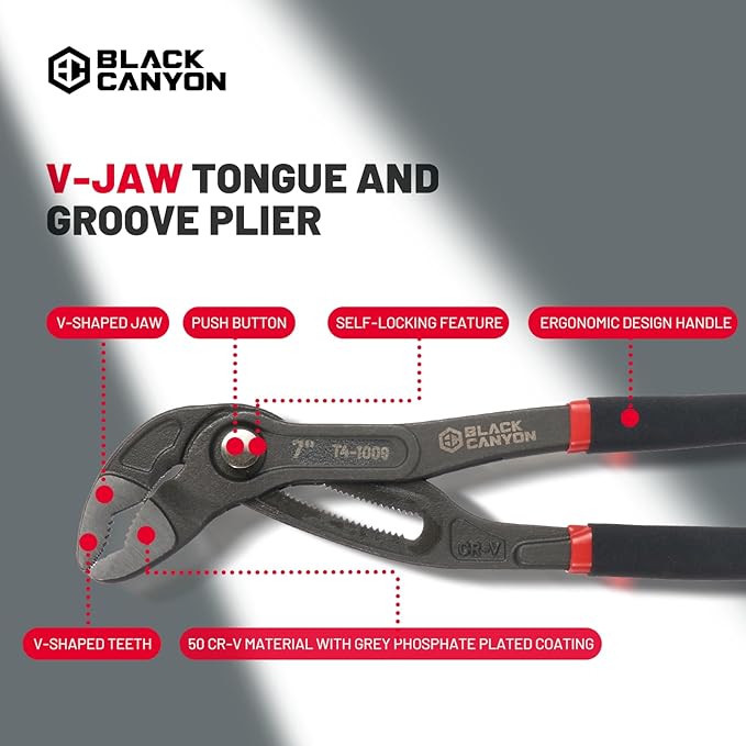 BLACK CANYON Groove Joint Plier 7in, V-Jaw Tongue and Groove Plier with Fast Adjustable 18 Jaw Positions, 50 Cr-V Steel, Ergonomic Handle for Automotive Repairs, Nuts, Bolts, Plumbing, Gripping