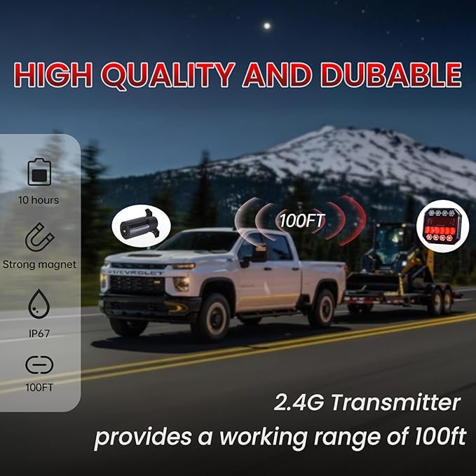Magnetic Wireless Trailer Lights Kit, IP67 Waterproof Cordless LED Tow Lights w/ 2.4GHz Signal(100ft), 10H Battery - Easy Install for Truck, Trailer, RV, Boat, Camper