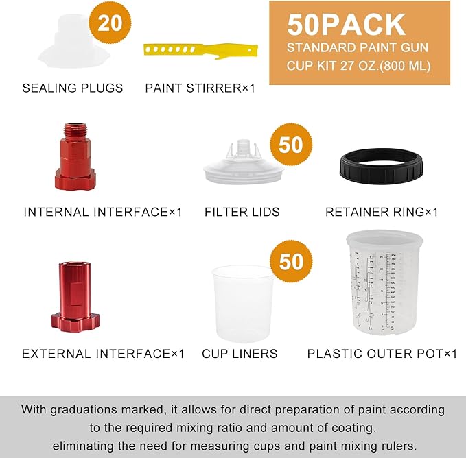 RRJ Disposable Paint Cup Automotive Spray Gun Paint System, for LVLP/HVLP Spray Gun Kit 27 Ounce(800ML) Mixing Cups with 50 Liners and Lids, 1 Hard Cup with Retainer Ring, 2 Adapter, Stirrer