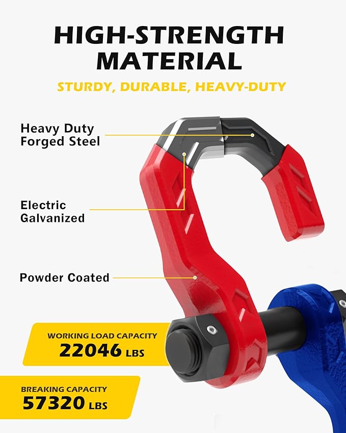 Separate D-Ring Shackles, 2Pack, 3/4" Separate D-Ring Shackles 7/8" Pin, 57320lbs Breaking Strength, Heavy Duty Forged Steel, D-Ring Towing Winch Shackle for Recovery, 4x4 Off-Road, RedBlue