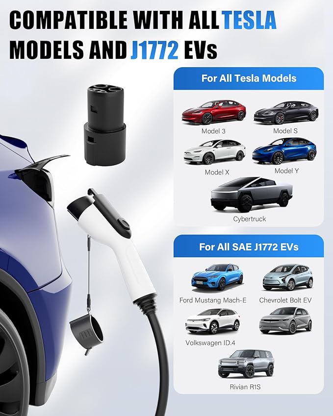 Level 2 EV Charger (240V, 40A) for Tesla and SAE-J1772 EVs, 26ft Charging Cable, NEMA 14-50 Plug, SAE-J1772 Adapter and J1772 to Tesla Adapter