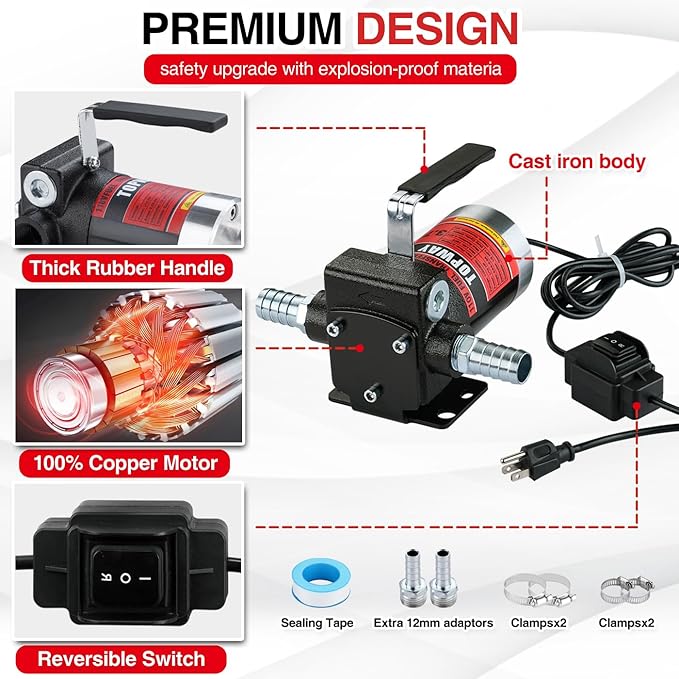 TOPWAY 110V AC Gasoline Fuel Pump 3.7GPM Self-priming Oil Transfer Pump With Handle, Reversible Pumping, Overheat Protection, Explosion-Proof, for Gasoline Fuel Diesel Kerosene Removal