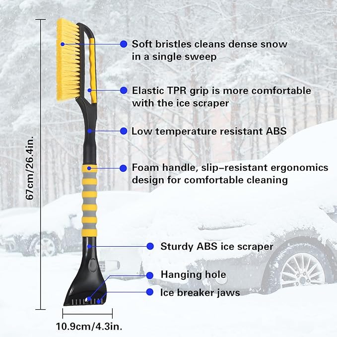 Snow Brush and Ice Scraper for Car Windshield,26.4" Window Scraper Deicer for Car SUV and Truck,Ice Scrapers and Brushes 2 in 1,Winter Car Automotive Exterior Accessories(2Pack Yellow)