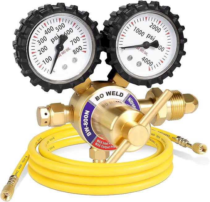 BO WELD Nitrogen Regulator with 0-800 PSI, CGA580 Inlet Connection and 1/4'' Male Flare Outlet Connection Gauges，Nitrogen Tank Regulator with 5Ft Refrigeration Hose