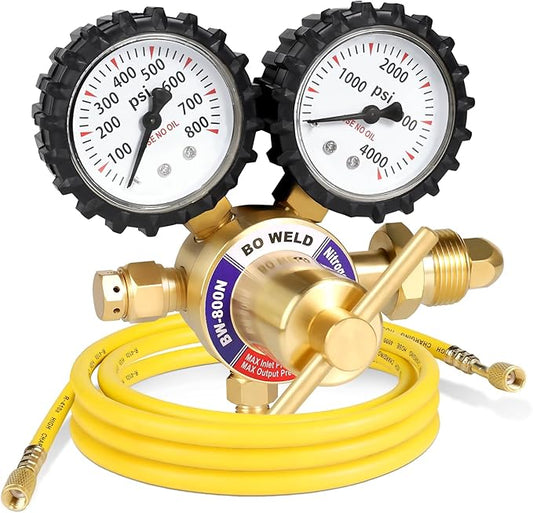 BO WELD Nitrogen Regulator with 0-800 PSI, CGA580 Inlet Connection and 1/4'' Male Flare Outlet Connection Gauges，Nitrogen Tank Regulator with 5Ft Refrigeration Hose