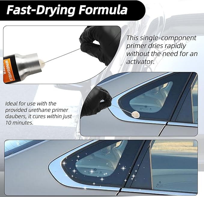 1 fl.oz Windshield Primer, Urethane Primer for Automotive, Promotes Adhesion of Polyurethane Sealants, UV Resistant, Fast Drying, with 1 Pair Gloves, 2 Applicator Sticks, Black