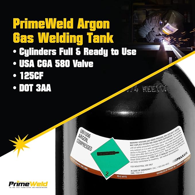 PrimeWeld 100% Argon Gas Welding Tank Full 125CF | DOT 3AA | USA CGA 580 Valve | Best Gas for TIG Welding Applications | Cylinders Full & Ready to Use