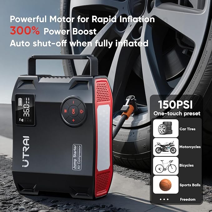 UTRAI Jump Starter with Air Compressor, 6000A 27000mAh Car Starter Jump Box with 150PSI Tire Inflator, Portable Jump Pack (All Gas/10L Diesel), DC160W, QC3.0 Jumper Cables, 1600LM Light