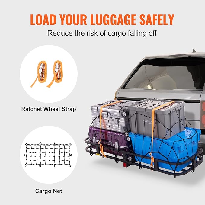VEVOR 53 x 19 5 in Hitch Cargo Carrier, 500lb Capacity Trailer Mount Basket, Steel Luggage Carrier Rack Fits 2'' Receiver for SUV Truck Pickup with Net, Stabilizer, Straps, Black