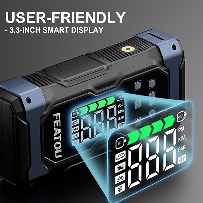 High-Power 9000A Jump Starter with Air Compressor, 12V Car Battery Jump Starter, Portable Jump Box for Car(All Gas/14L Diesel) with Tire Inflator, 30W Fast Charge, Forced Boost, Smart Battery Jumper