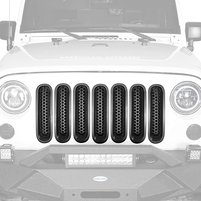 Hooke Road Matte Black Grill Inserts Front Mesh Grille Cover for 2007-2015 Jeep JK Wrangler & Unlimited Wrangler Accessories (7PCS Black + 1PCS White)