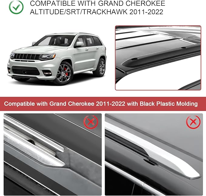 KINGGERI Lockable 260lbs Roof Racks Cross Bars Fit for Jeep Grand Cherokee Altitude & SRT & Trackhawk with Roof Black Moldings 2011-2022, Anti-Theft Aluminum Rails Crossbars Cargo Luggage